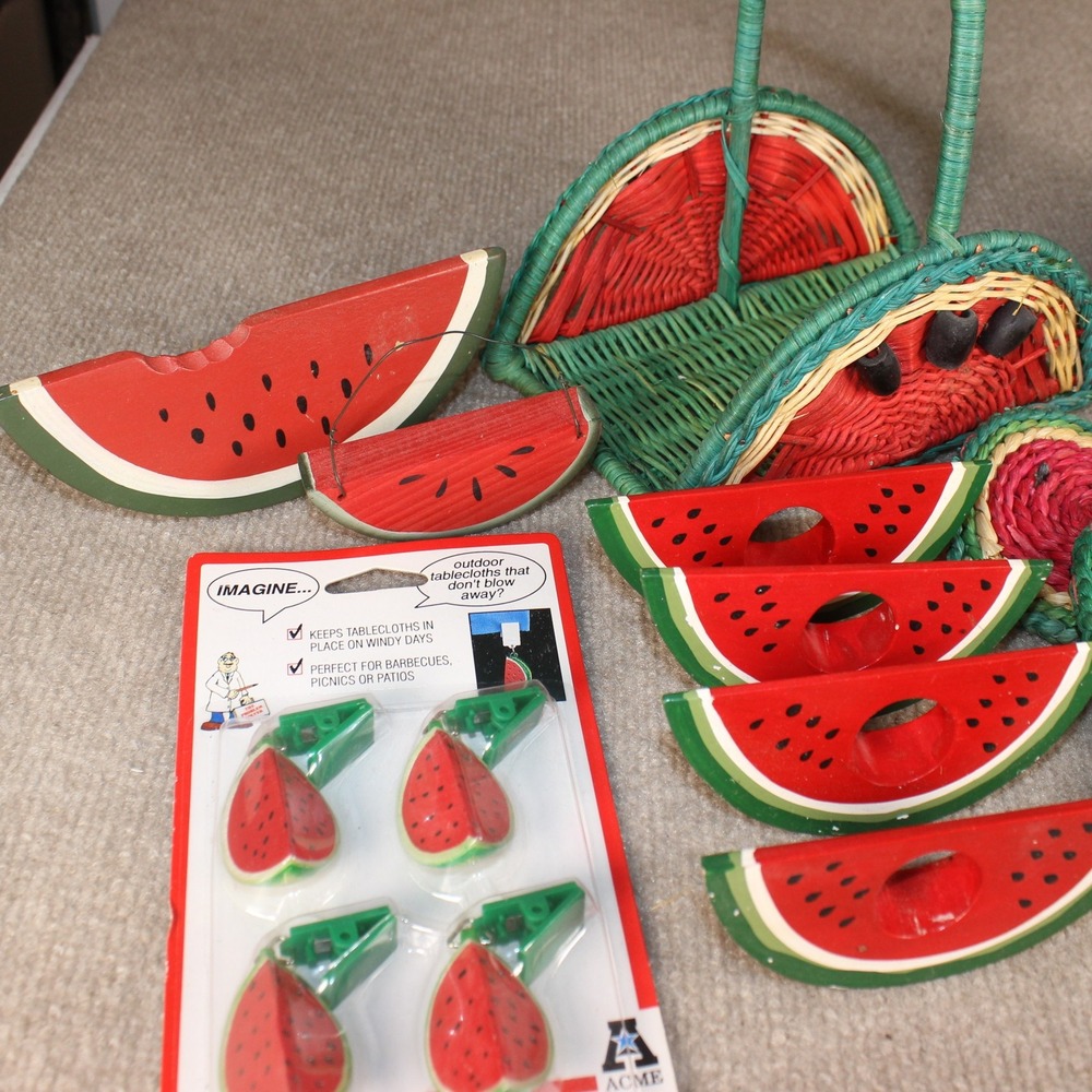 Vintage Watermelon Kitchen Decor Mug Napkin Rings Coasters Tablecloth Weight Lot - Picture 2 of 3